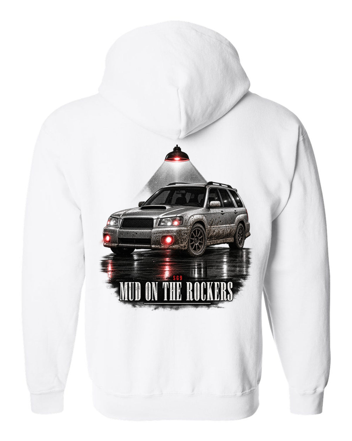 Garage night print for the Subaru Forester SG9 reading Mud on the Rockers white zip hoodie back view with the design