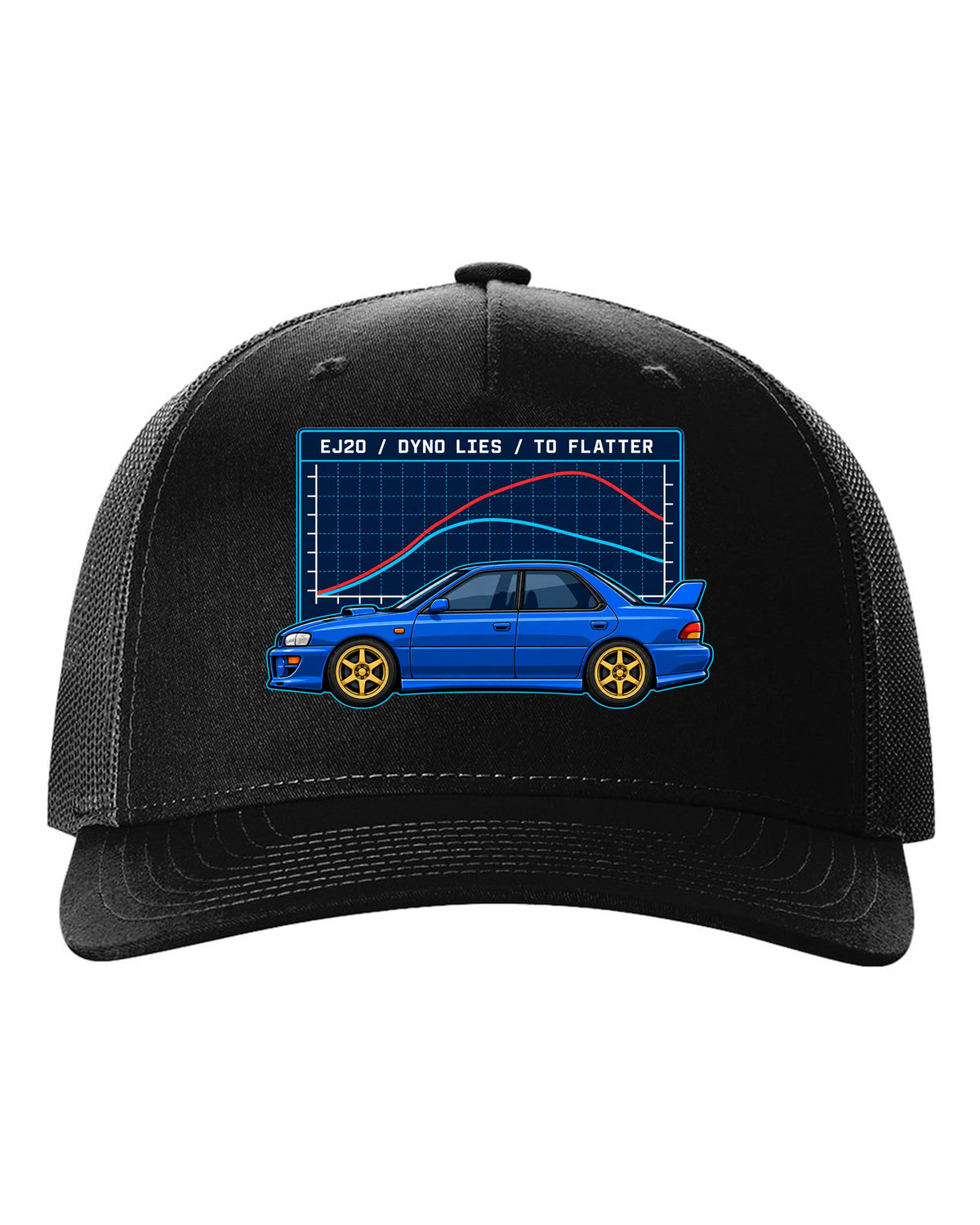 Vintage gauge face illustration pinned at 1.0 bar for a Subaru Impreza 22B STI black hat front view with the design