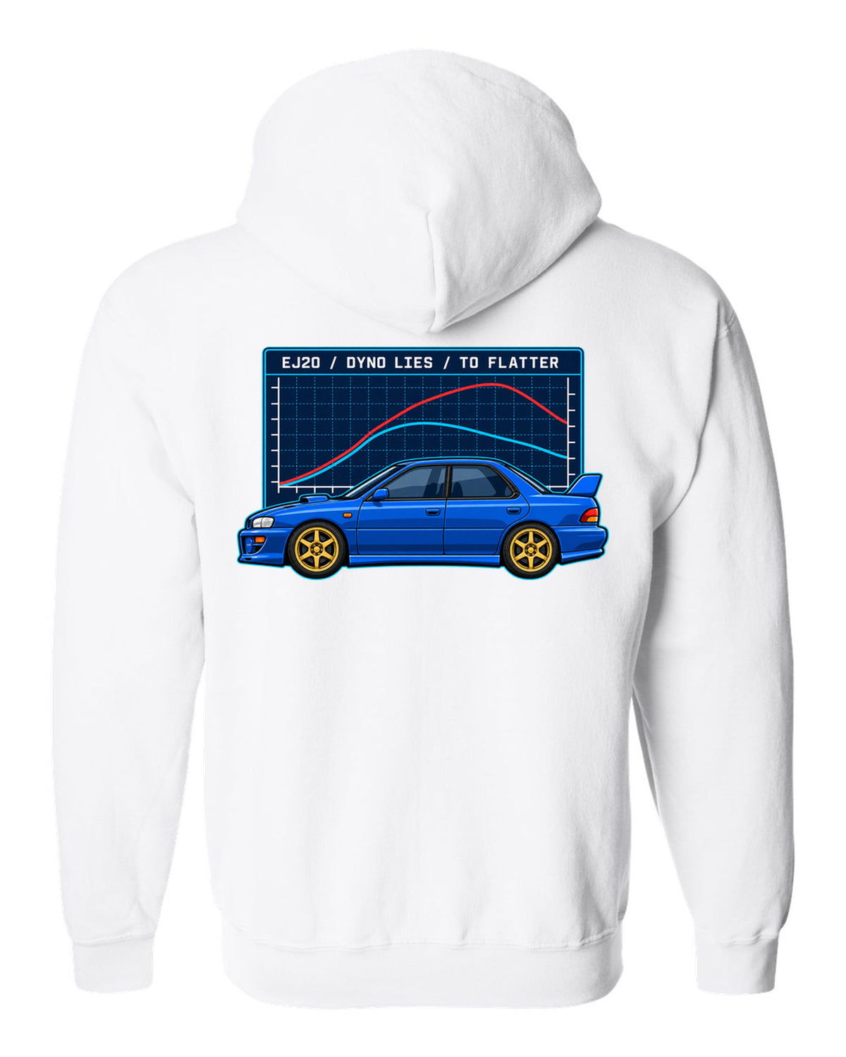 Vintage gauge face illustration pinned at 1.0 bar for a Subaru Impreza 22B STI white zip hoodie back view with the design