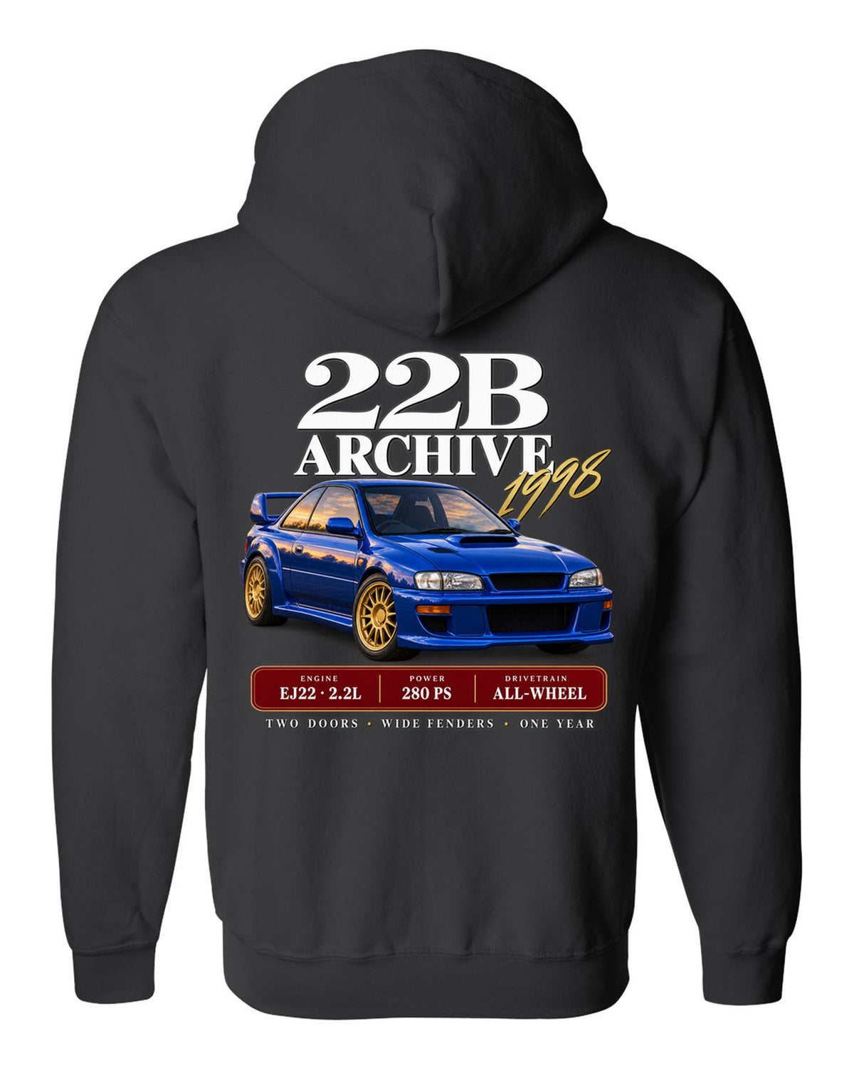Subaru Impreza 22B STI 1998 archive panel with EJ22 2.2L 280 PS specs black zip hoodie back view with the design