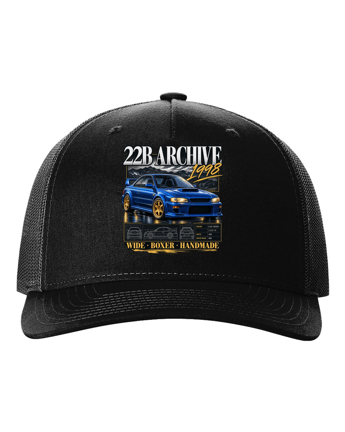 Archive panel print of a Subaru Impreza 22B STi GC8 with 400 built lettering black hat front view with the design