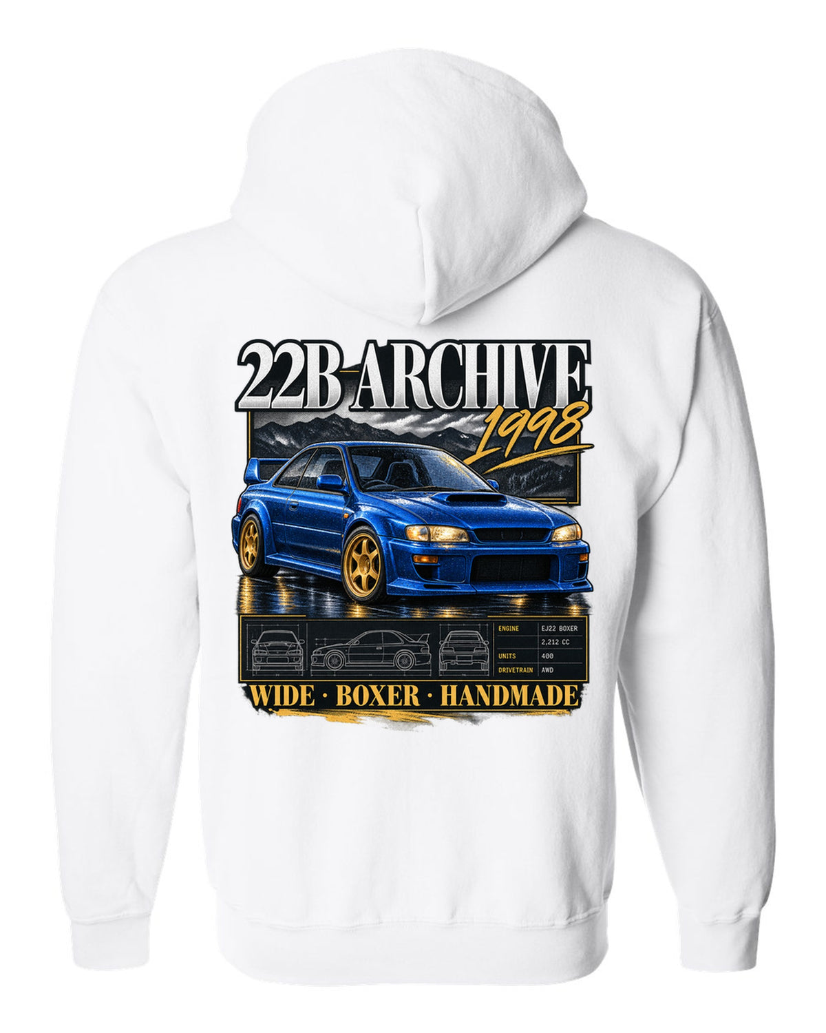 Archive panel print of a Subaru Impreza 22B STi GC8 with 400 built lettering white zip hoodie back view with the design