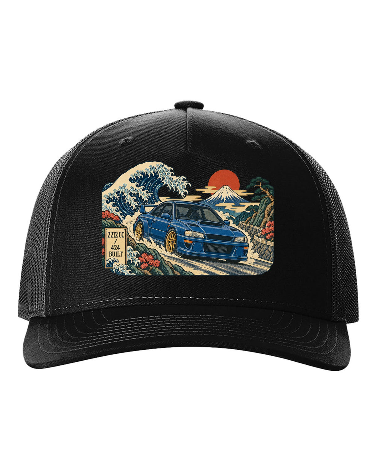 Ukiyo-e woodblock style Subaru Impreza 22B STI in front of a wave black hat front view with the design