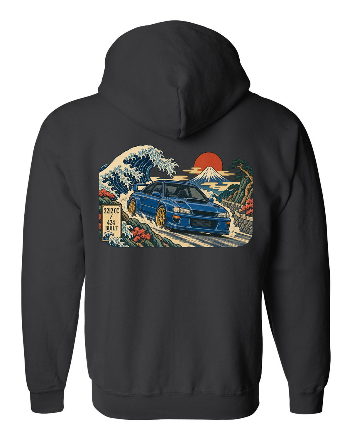 Ukiyo-e woodblock style Subaru Impreza 22B STI in front of a wave black zip hoodie back view with the design
