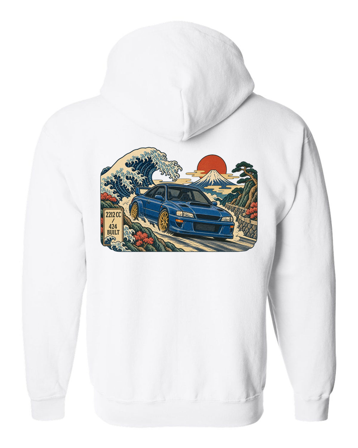 Ukiyo-e woodblock style Subaru Impreza 22B STI in front of a wave white zip hoodie back view with the design