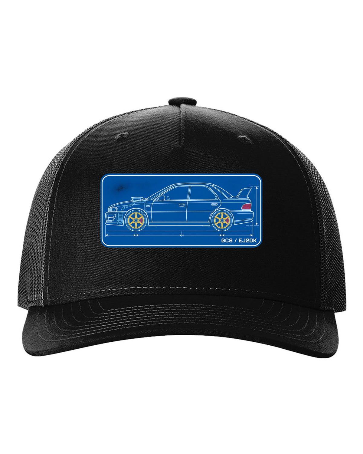 Cyanotype blueprint of a Subaru Impreza WRX GC8 hood scoop with EJ20K text black hat front view with the design