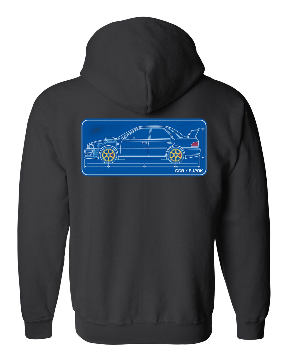 Cyanotype blueprint of a Subaru Impreza WRX GC8 hood scoop with EJ20K text black zip hoodie back view with the design