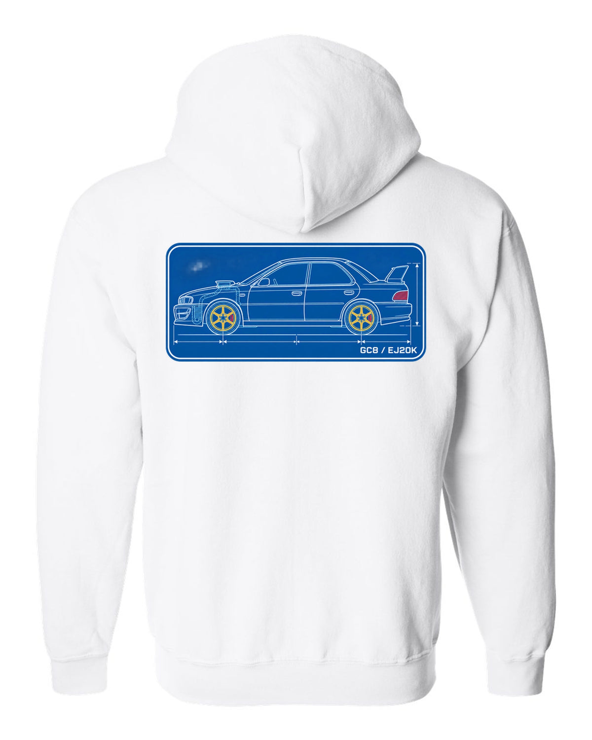 Cyanotype blueprint of a Subaru Impreza WRX GC8 hood scoop with EJ20K text white zip hoodie back view with the design
