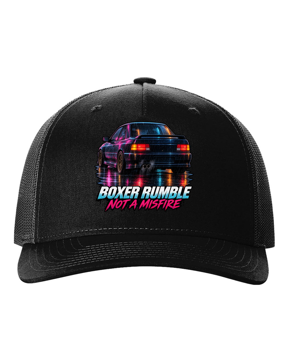 Painterly night scene of a Subaru Impreza WRX GC8 coupe with wet taillight reflections black hat front view with the design