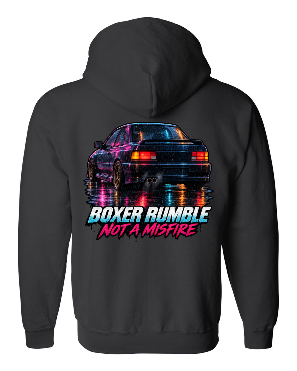 Painterly night scene of a Subaru Impreza WRX GC8 coupe with wet taillight reflections black zip hoodie back view with the design
