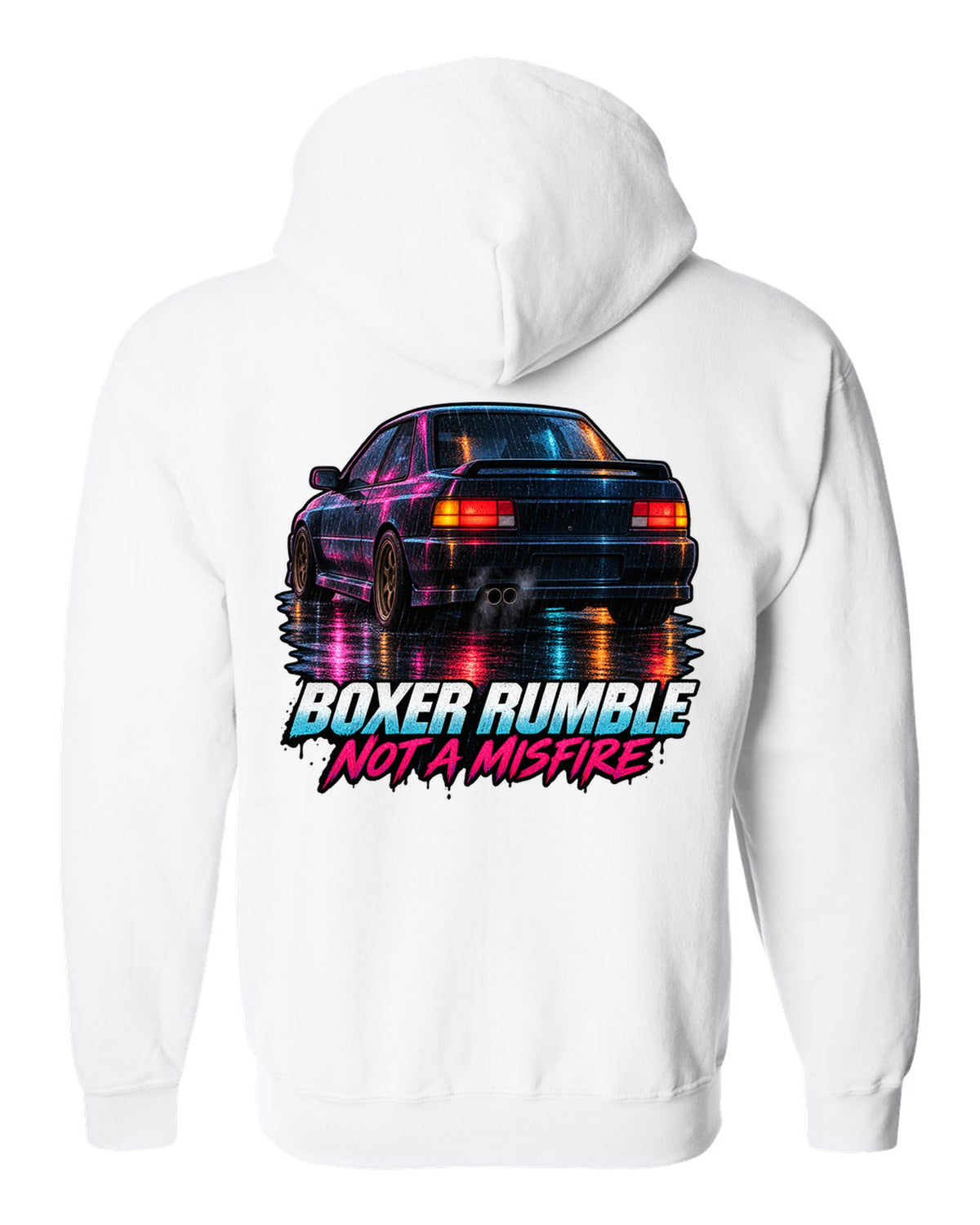 Painterly night scene of a Subaru Impreza WRX GC8 coupe with wet taillight reflections white zip hoodie back view with the design