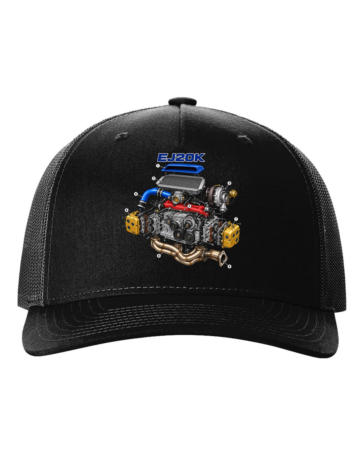 Subaru Impreza WRX GC8 EJ20K boxer engine in an exploded cutaway diagram black hat front view with the design
