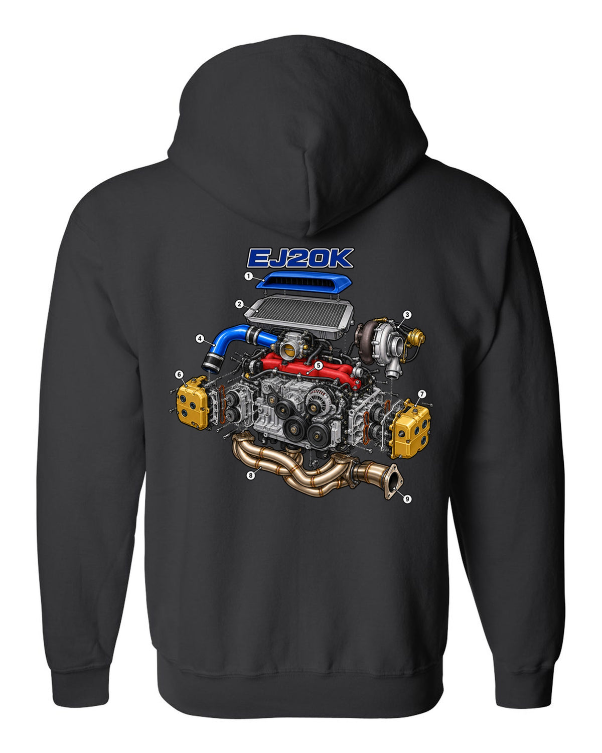 Subaru Impreza WRX GC8 EJ20K boxer engine in an exploded cutaway diagram black zip hoodie back view with the design