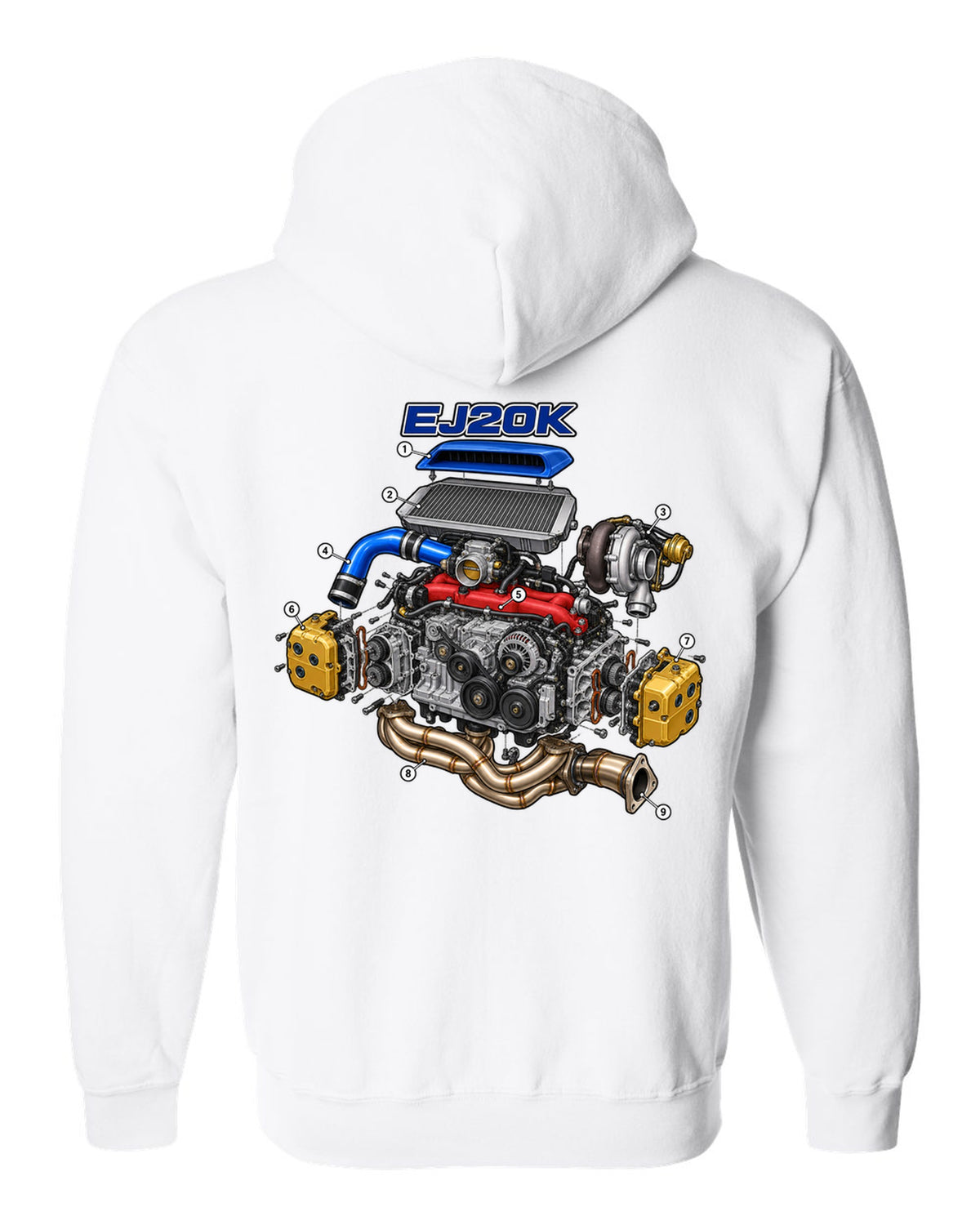 Subaru Impreza WRX GC8 EJ20K boxer engine in an exploded cutaway diagram white zip hoodie back view with the design
