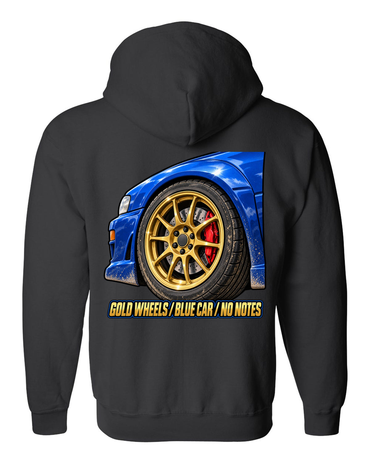 Subaru Impreza WRX GC8 painterly gold wheel close-up on a blue car, GOLD WHEELS / BLUE CAR / NO NOTES black zip hoodie back view with the design