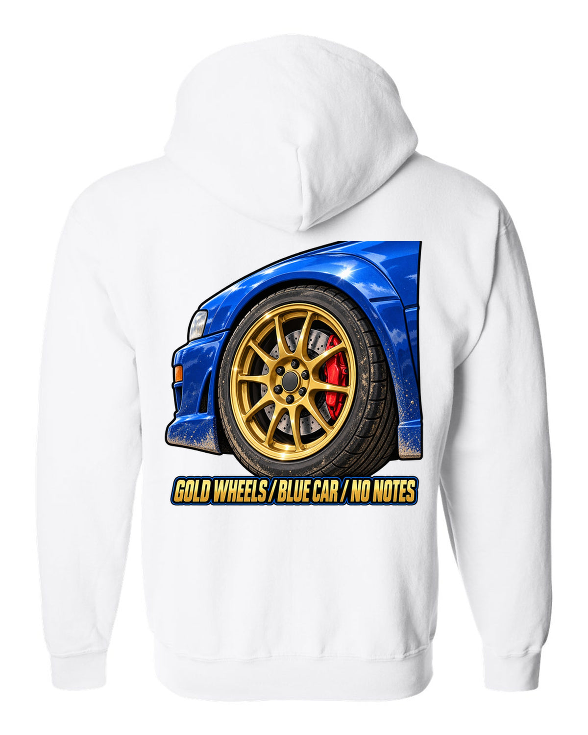 Subaru Impreza WRX GC8 painterly gold wheel close-up on a blue car, GOLD WHEELS / BLUE CAR / NO NOTES white zip hoodie back view with the design