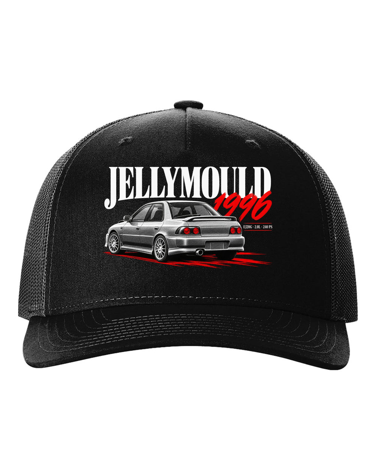 Subaru Impreza WRX GC8 saloon 1996 with Jellymould headline and EJ20G 240 PS text black hat front view with the design