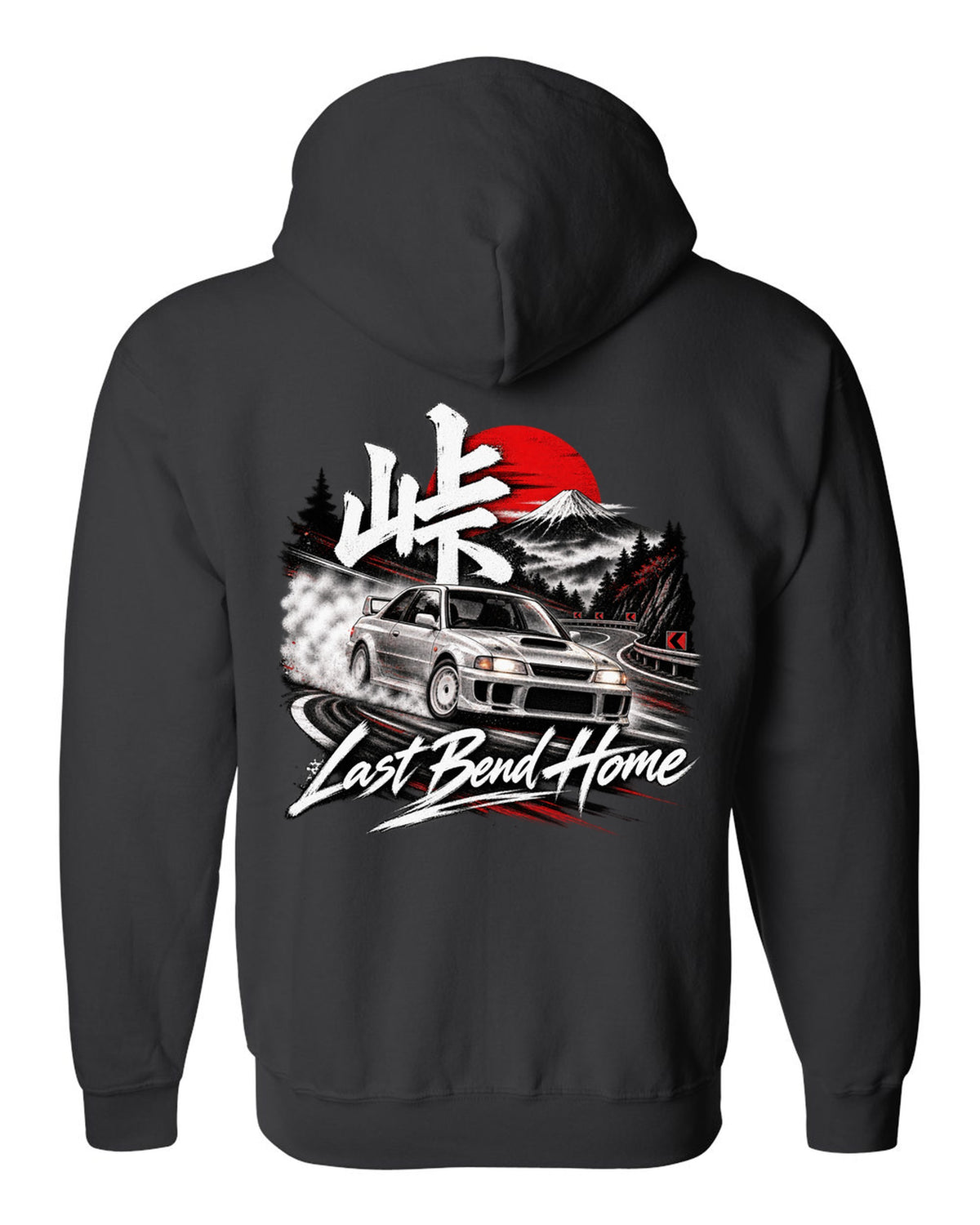 Subaru Impreza WRX GC8 coupe at a night touge bend with Last Bend Home text black zip hoodie back view with the design