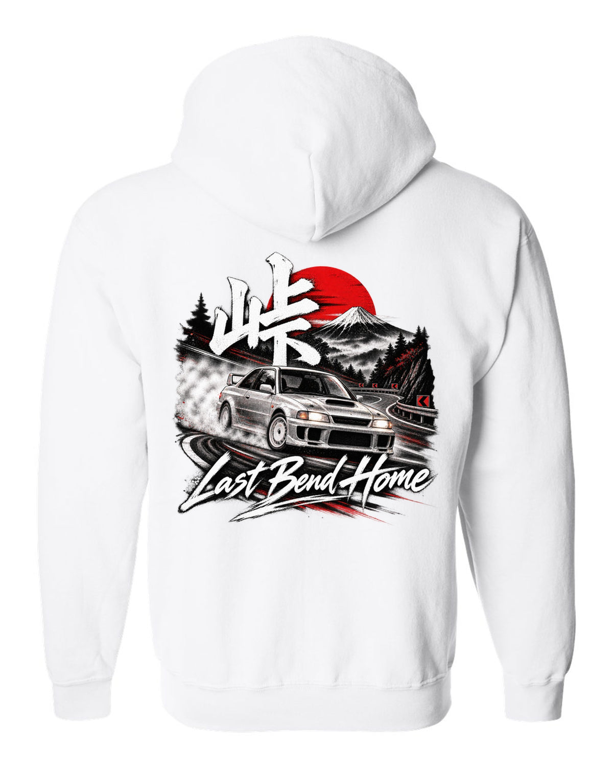 Subaru Impreza WRX GC8 coupe at a night touge bend with Last Bend Home text white zip hoodie back view with the design