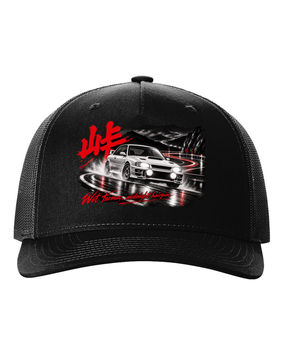 Subaru Impreza WRX GC8 coupe on a wet mountain hairpin at night with touge kanji black hat front view with the design