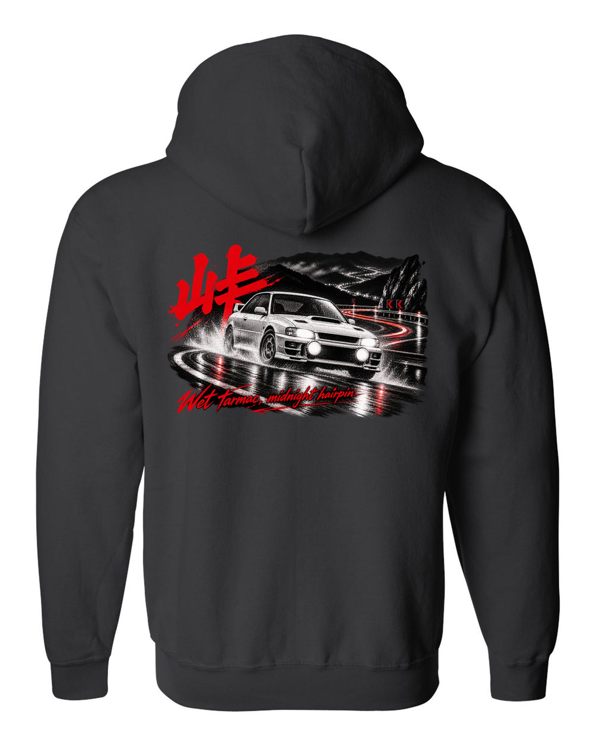 Subaru Impreza WRX GC8 coupe on a wet mountain hairpin at night with touge kanji black zip hoodie back view with the design