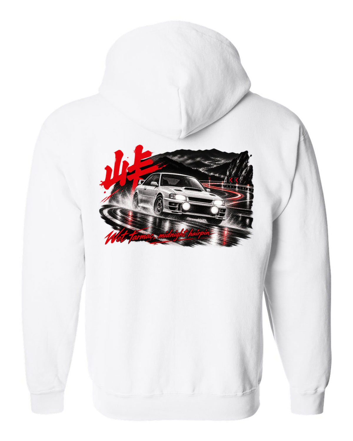 Subaru Impreza WRX GC8 coupe on a wet mountain hairpin at night with touge kanji white zip hoodie back view with the design