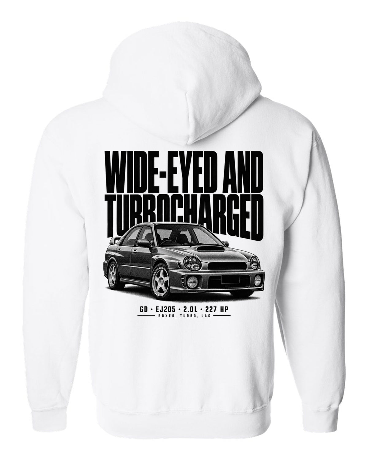 Halftone Subaru Impreza WRX GD Bugeye saloon with wide-eyed and turbocharged text white zip hoodie back view with the design