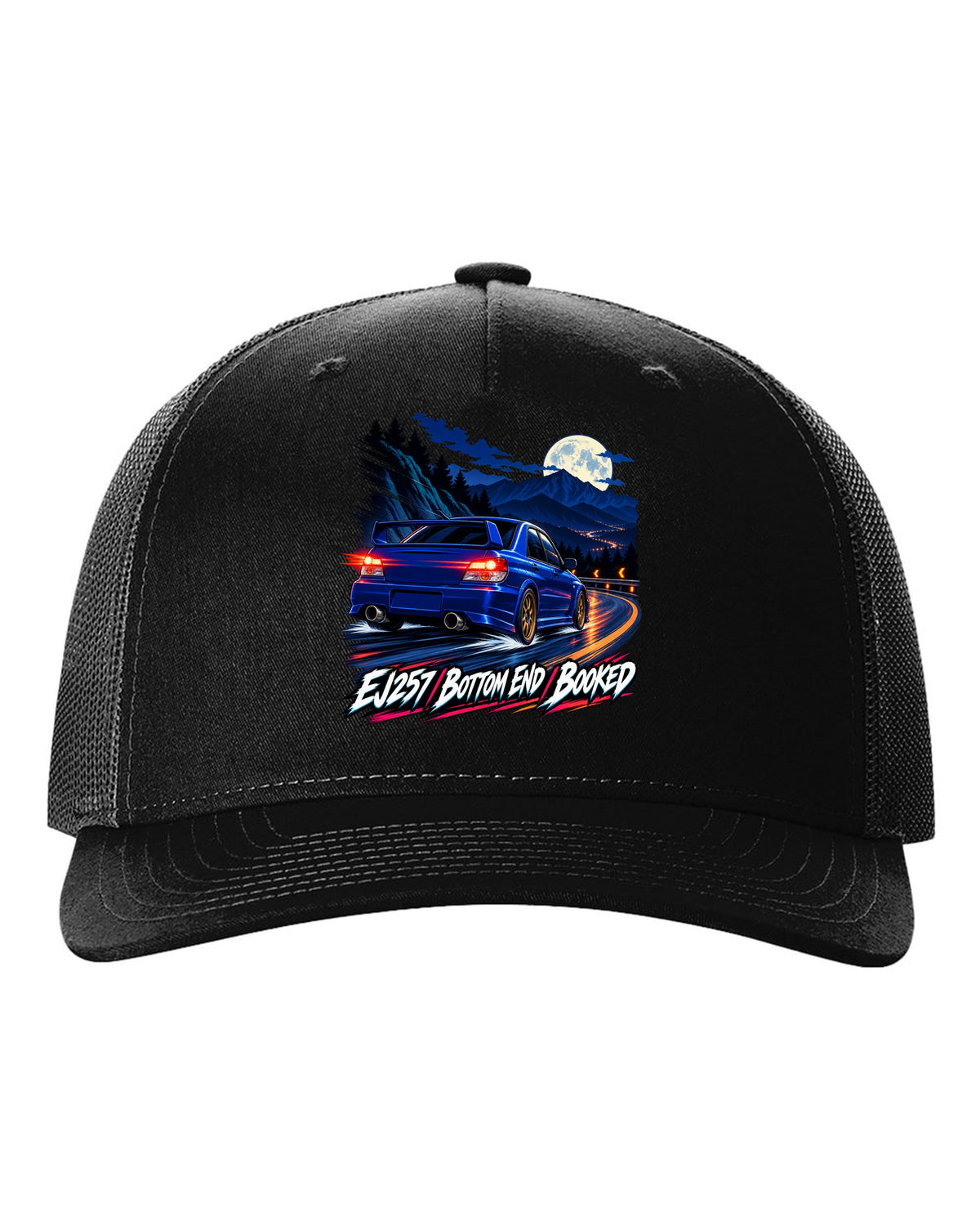 Racing-stripe livery print of a Subaru Impreza WRX GDB Blobeye black hat front view with the design