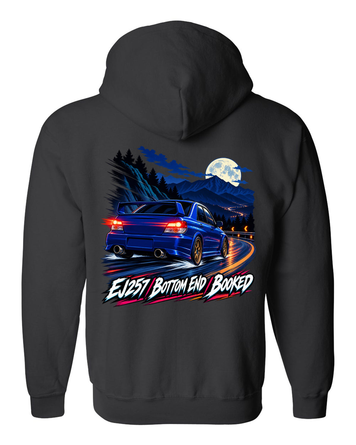 Racing-stripe livery print of a Subaru Impreza WRX GDB Blobeye black zip hoodie back view with the design