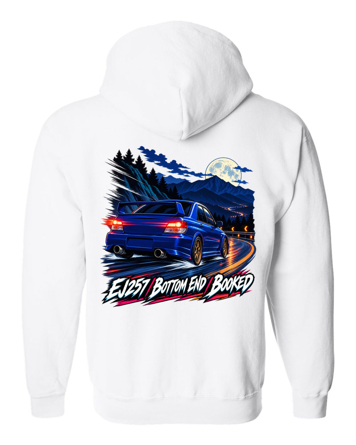Racing-stripe livery print of a Subaru Impreza WRX GDB Blobeye white zip hoodie back view with the design