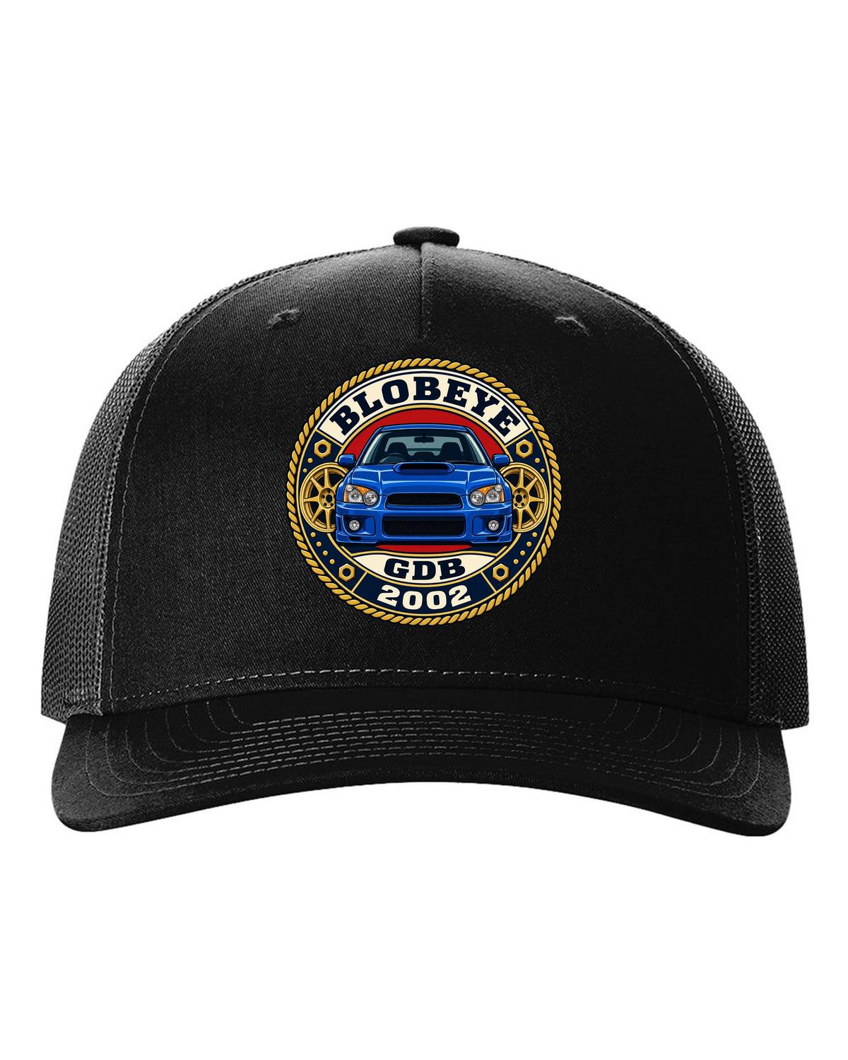Subaru Impreza WRX GDB Blobeye round varsity crest print, BLOBEYE / GDB / 2002 black hat front view with the design