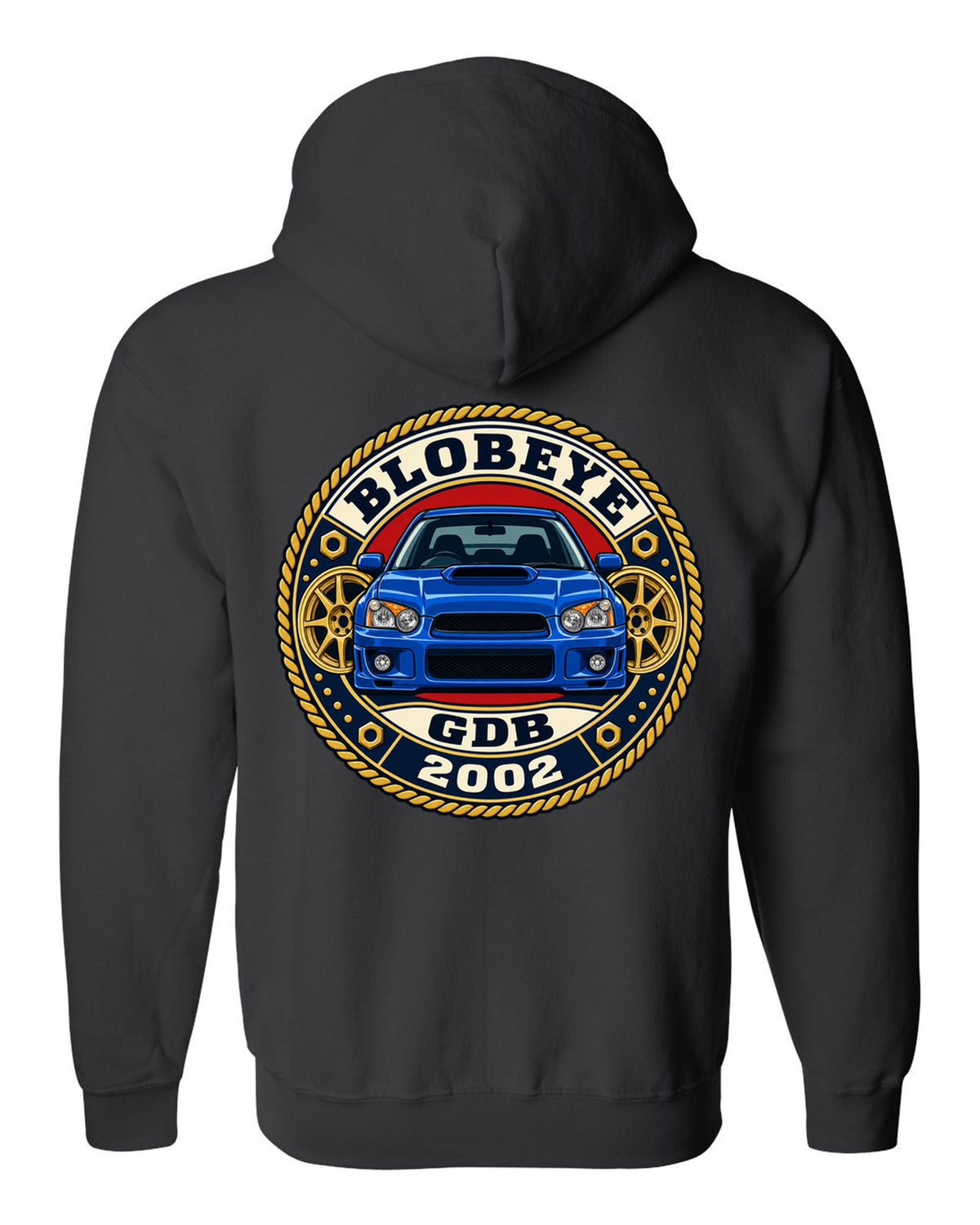 Subaru Impreza WRX GDB Blobeye round varsity crest print, BLOBEYE / GDB / 2002 black zip hoodie back view with the design