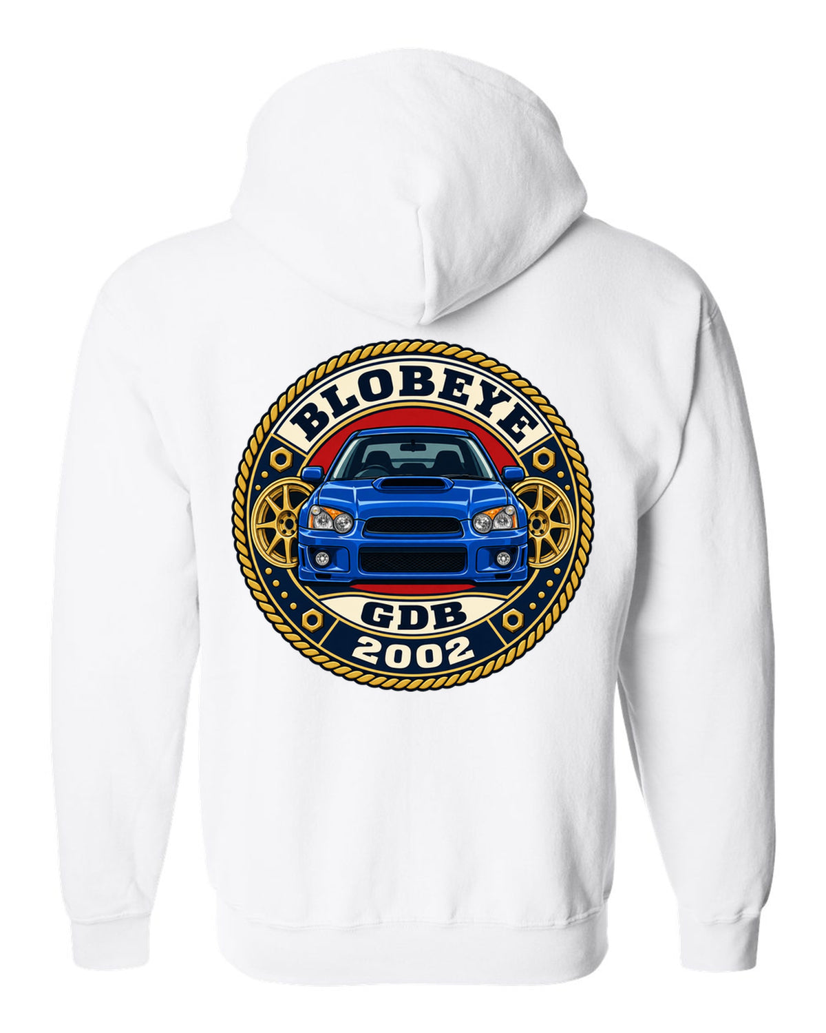 Subaru Impreza WRX GDB Blobeye round varsity crest print, BLOBEYE / GDB / 2002 white zip hoodie back view with the design
