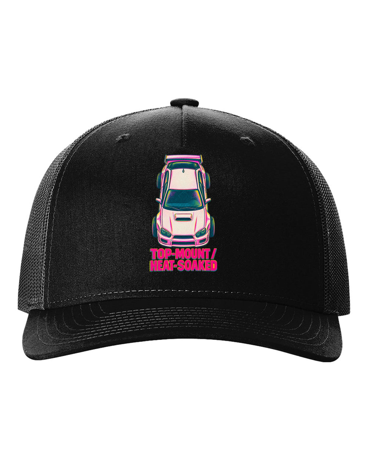 Risograph top view of a Subaru Impreza WRX GDB Blobeye with heat-soaked text black hat front view with the design