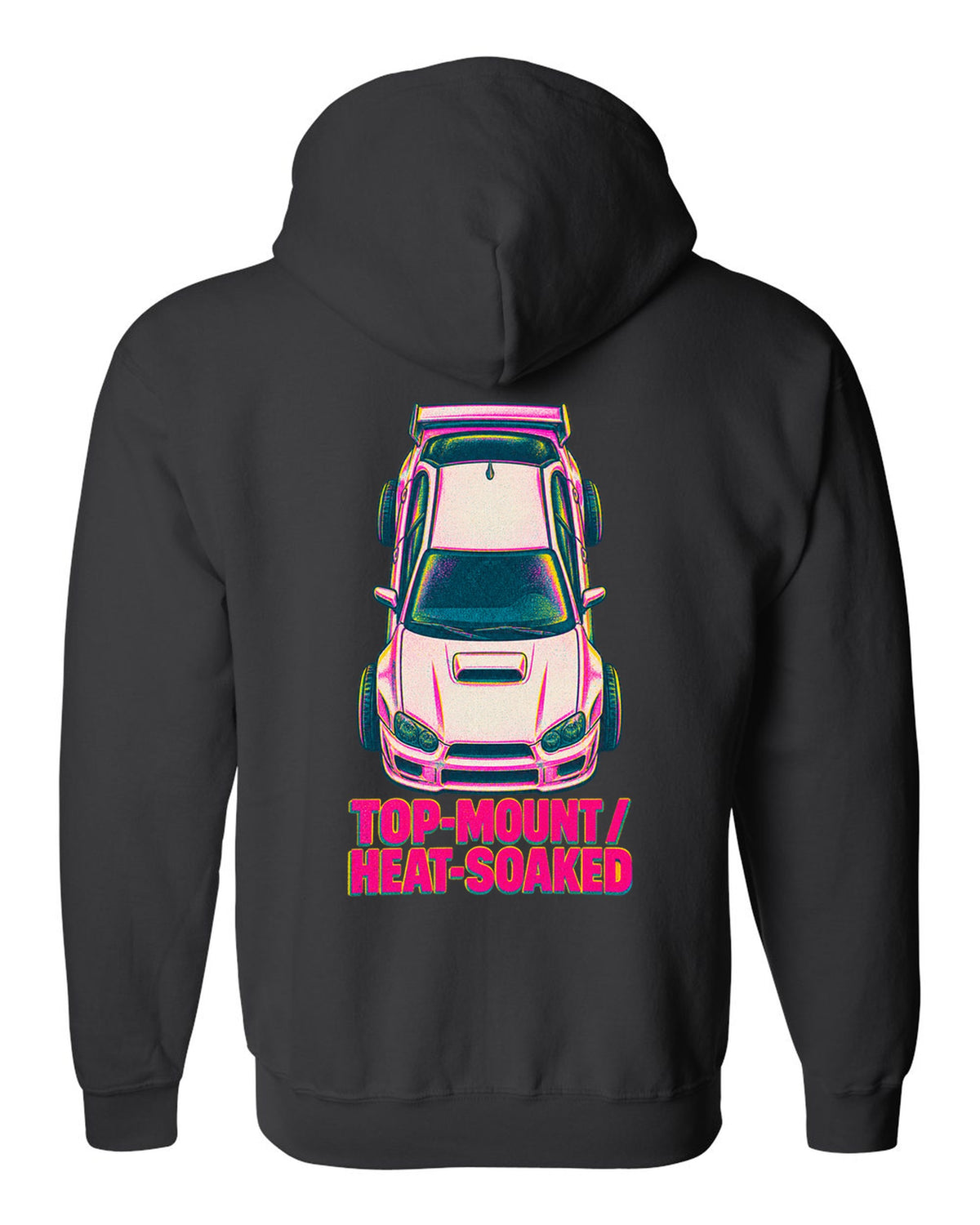 Risograph top view of a Subaru Impreza WRX GDB Blobeye with heat-soaked text black zip hoodie back view with the design