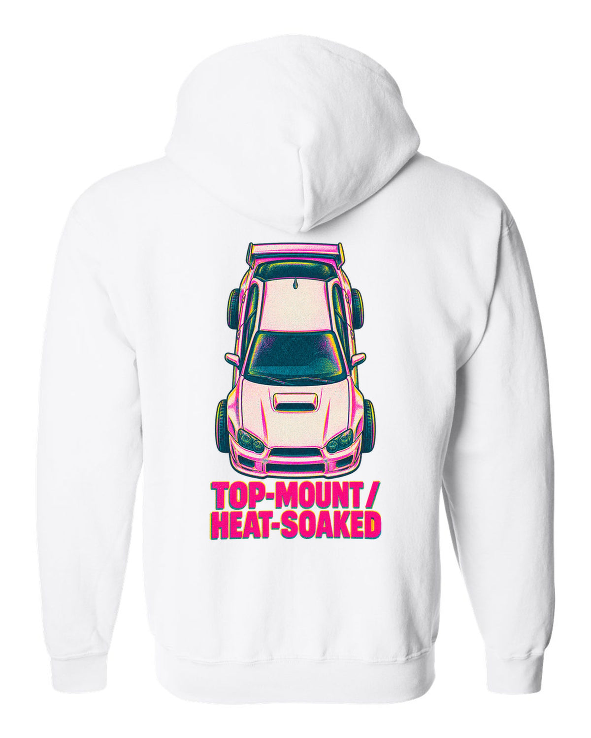 Risograph top view of a Subaru Impreza WRX GDB Blobeye with heat-soaked text white zip hoodie back view with the design