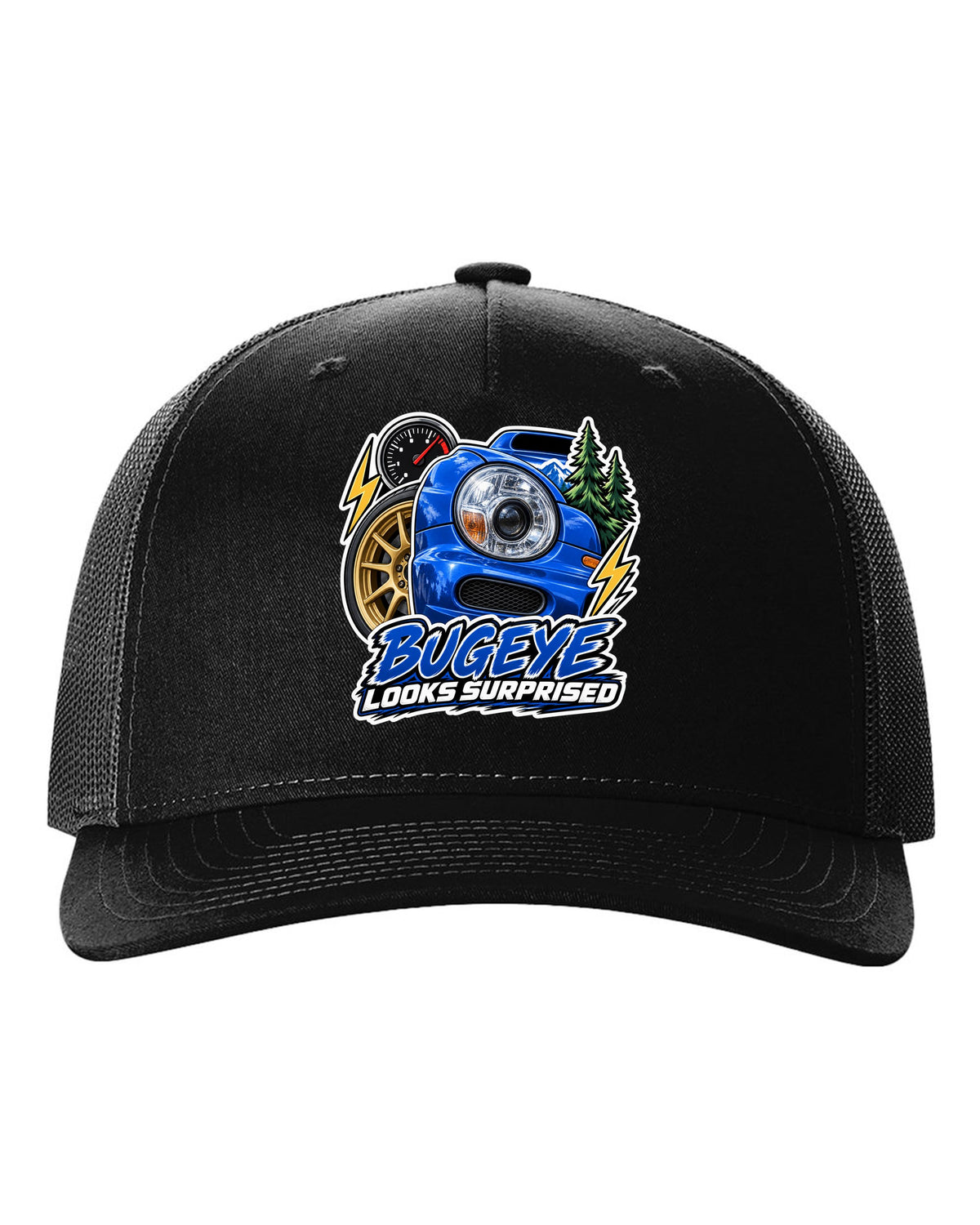 Sticker-bomb collage of a Subaru Impreza WRX GDB Bugeye black hat front view with the design
