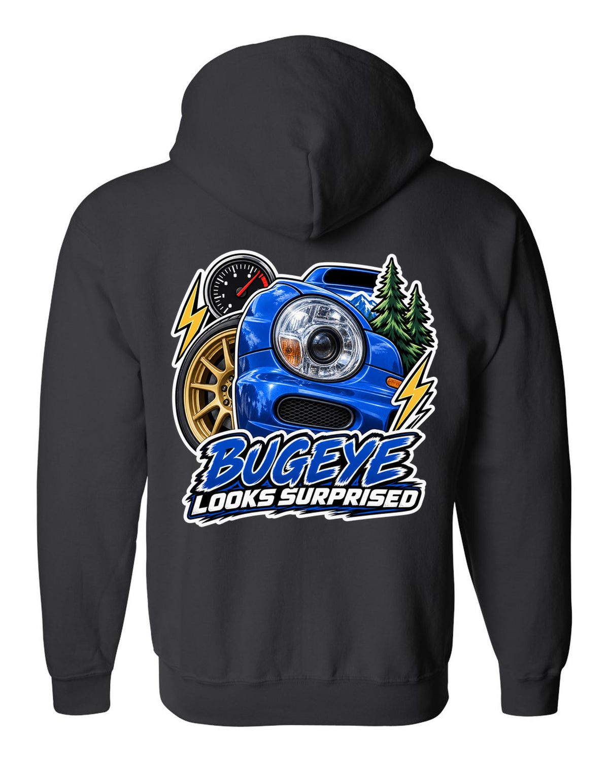 Sticker-bomb collage of a Subaru Impreza WRX GDB Bugeye black zip hoodie back view with the design