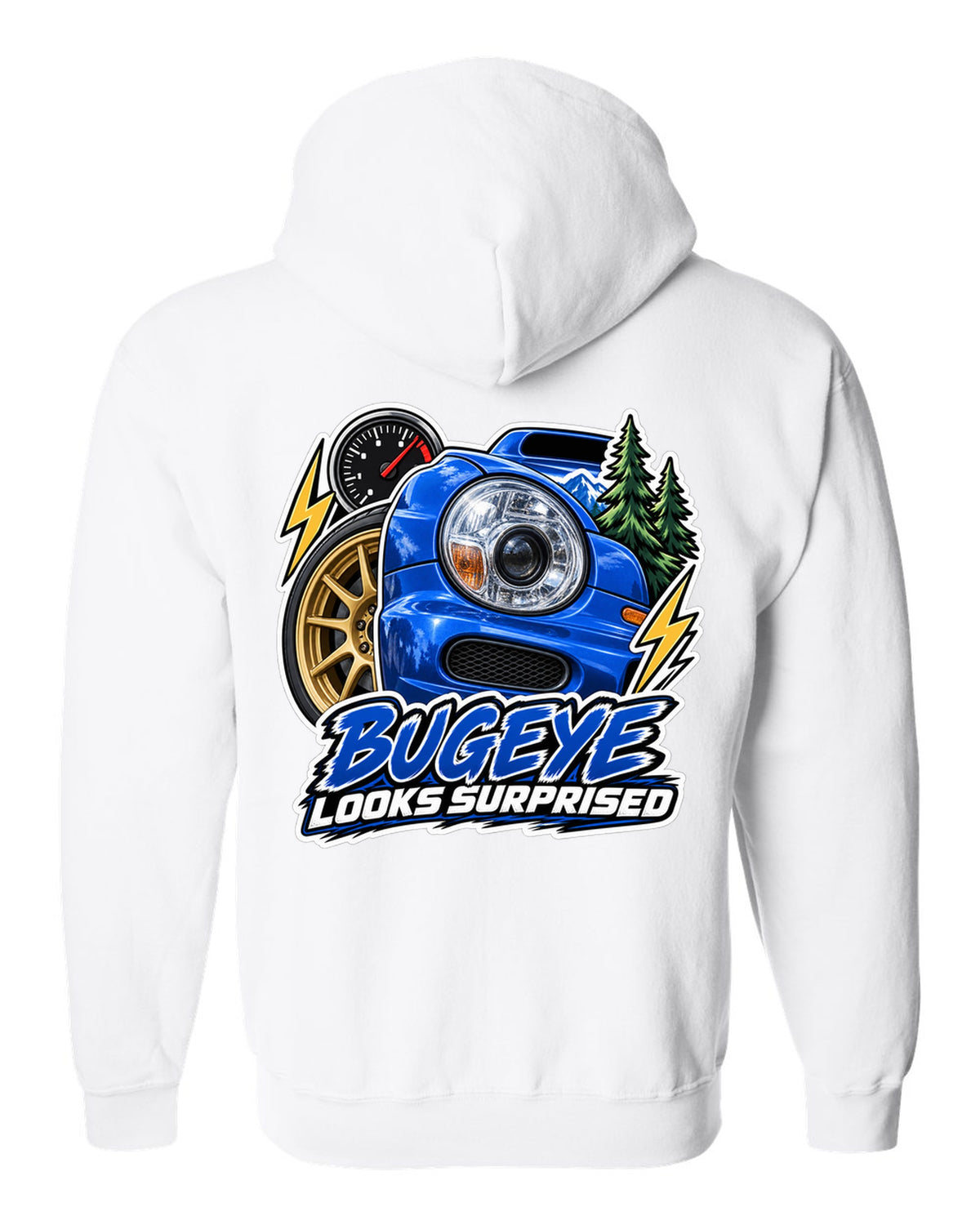 Sticker-bomb collage of a Subaru Impreza WRX GDB Bugeye white zip hoodie back view with the design