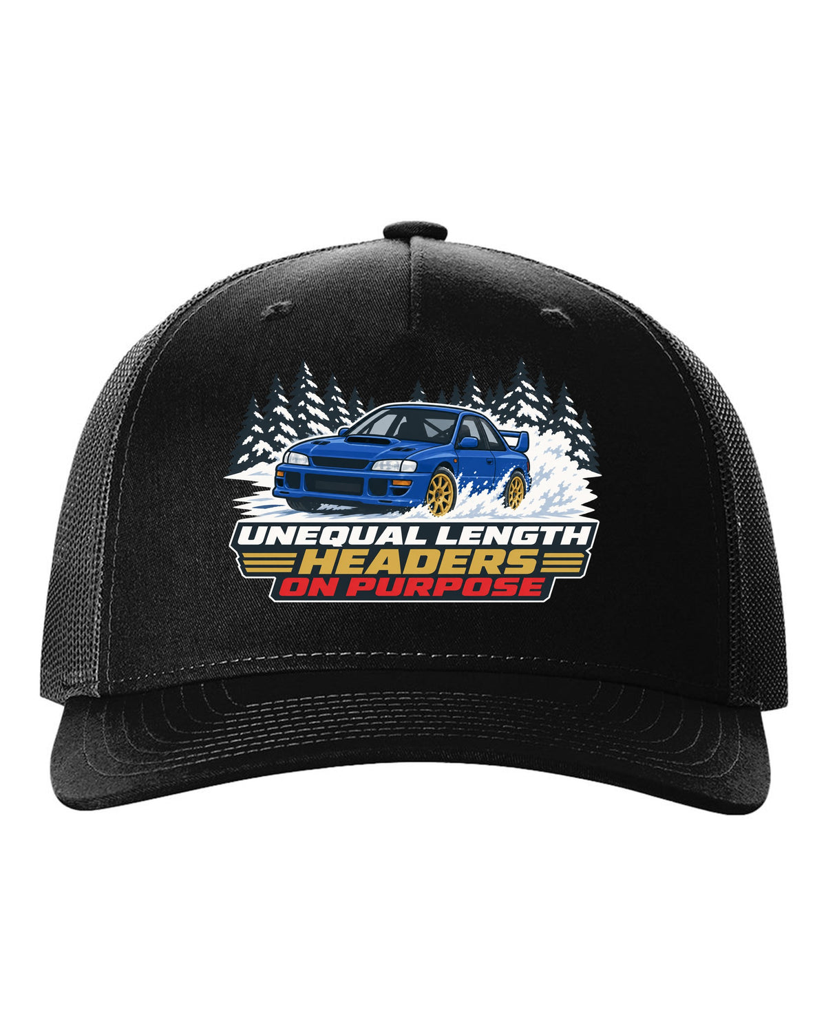 Flat vector print of a Subaru Impreza WRX STI GC8 with unequal length headers on purpose lettering black hat front view with the design