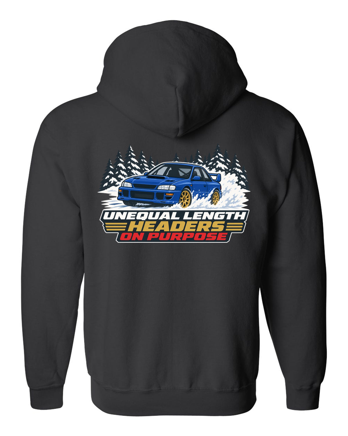 Flat vector print of a Subaru Impreza WRX STI GC8 with unequal length headers on purpose lettering black zip hoodie back view with the design