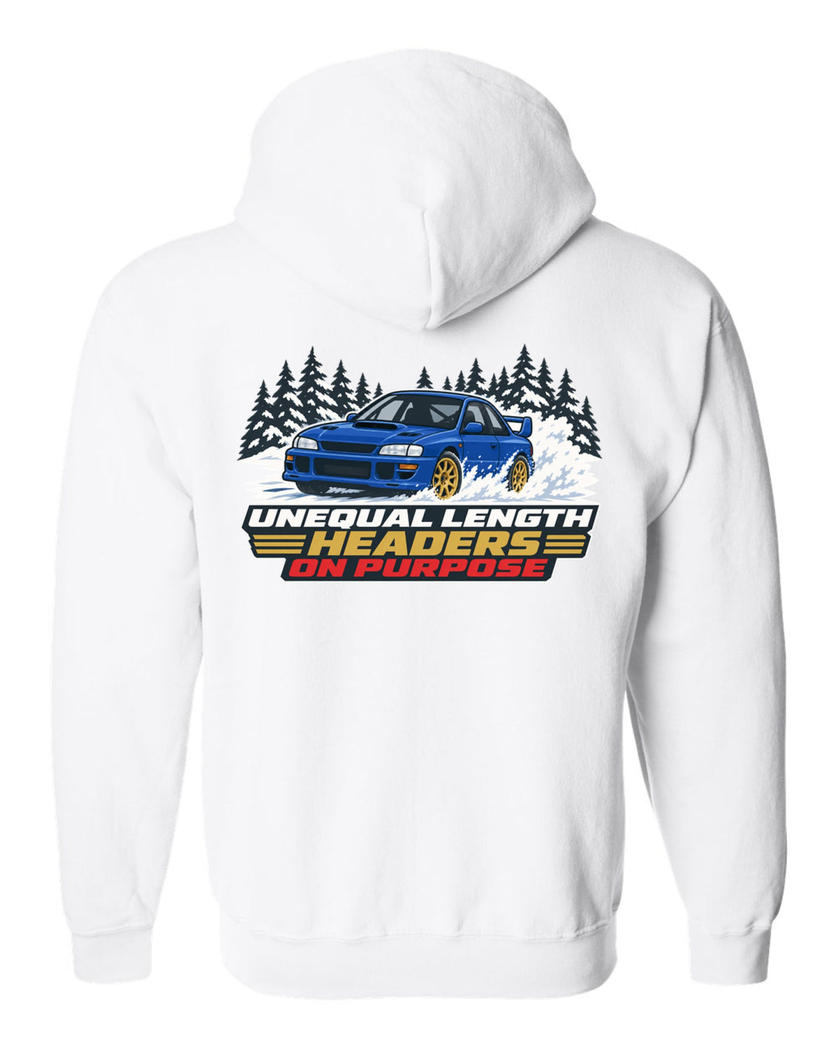 Flat vector print of a Subaru Impreza WRX STI GC8 with unequal length headers on purpose lettering white zip hoodie back view with the design