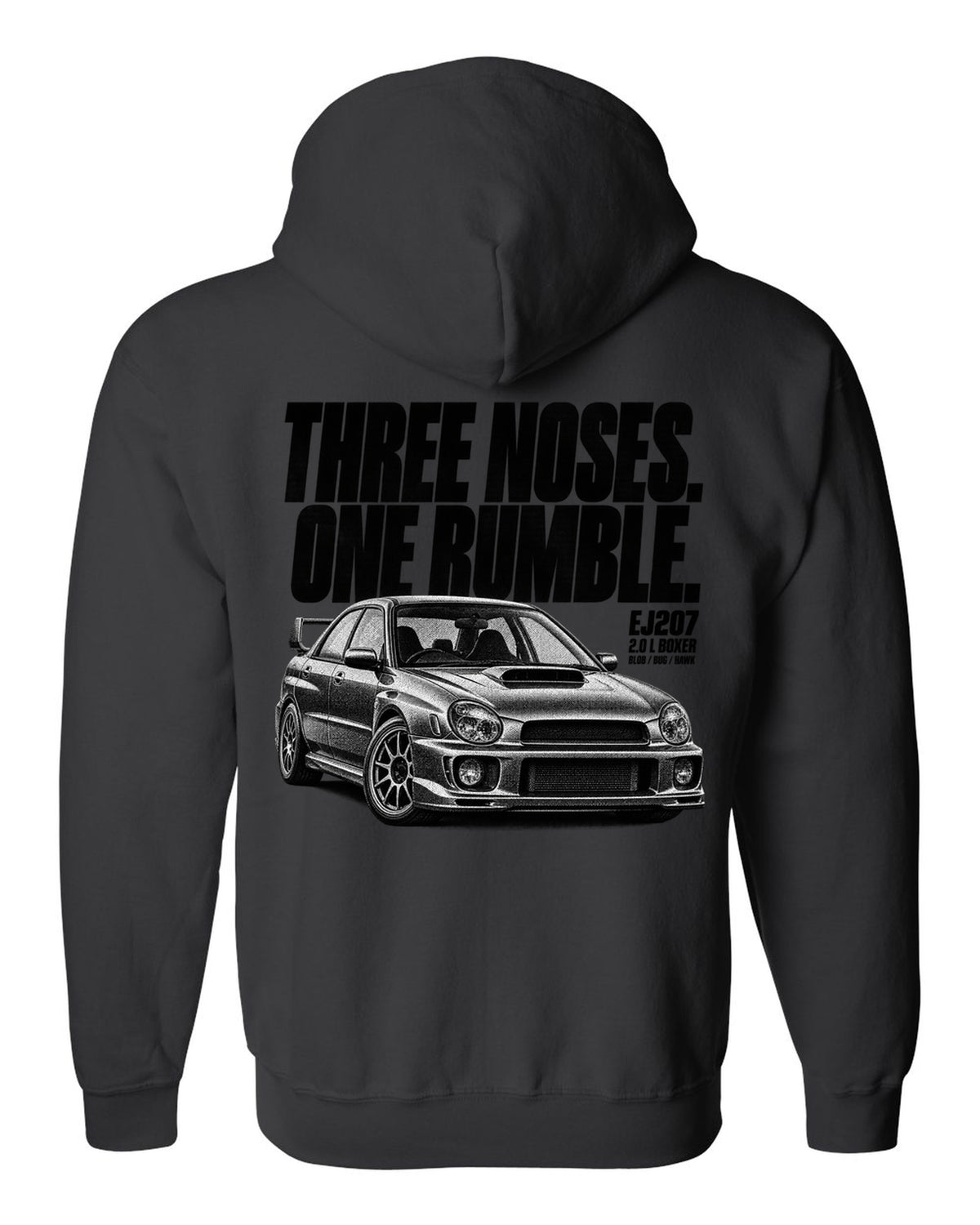 Halftone print of a Subaru Impreza WRX STi GDB with Blob Bug Hawk lettering black zip hoodie back view with the design