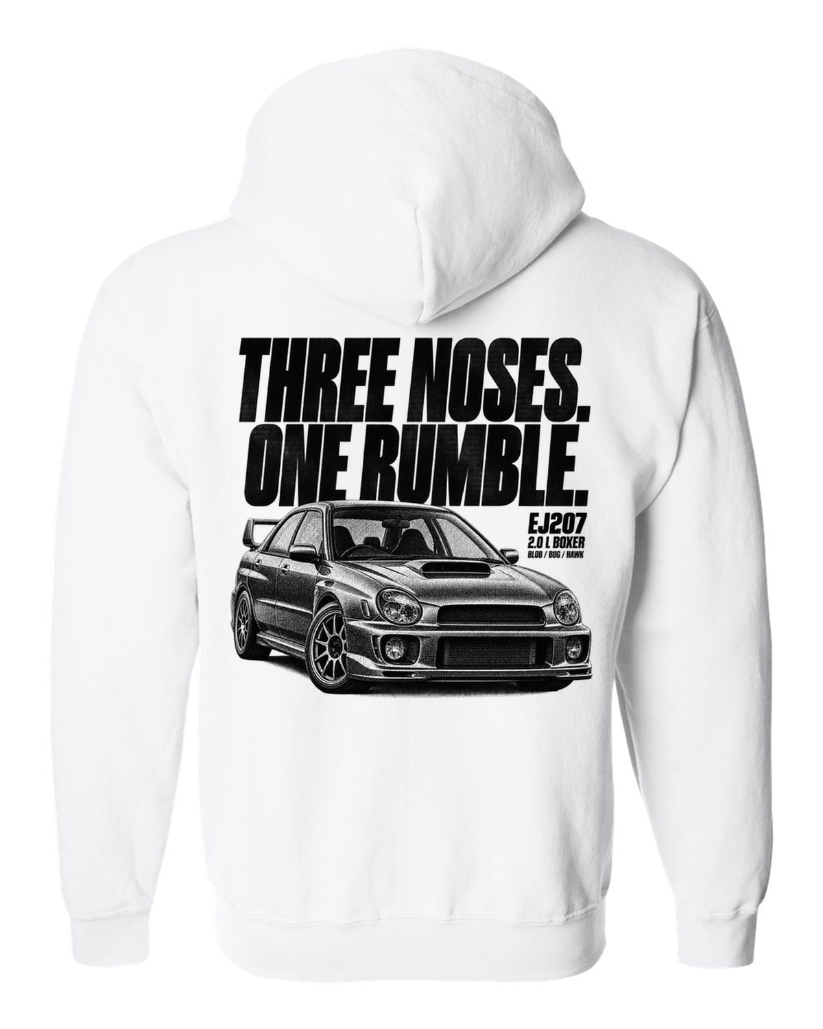 Halftone print of a Subaru Impreza WRX STi GDB with Blob Bug Hawk lettering white zip hoodie back view with the design