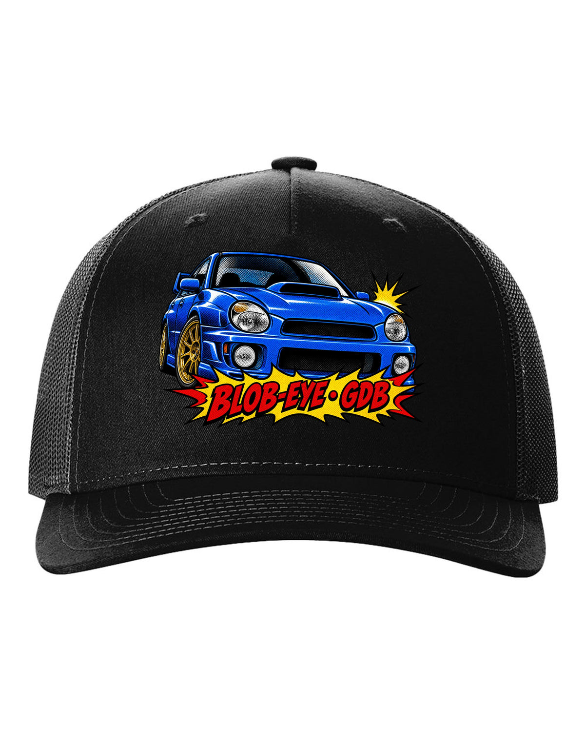Halftone pop-art print of a Subaru Impreza WRX STI GDB with blob-eye GDB lettering black hat front view with the design