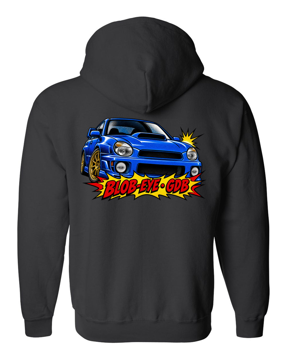 Halftone pop-art print of a Subaru Impreza WRX STI GDB with blob-eye GDB lettering black zip hoodie back view with the design