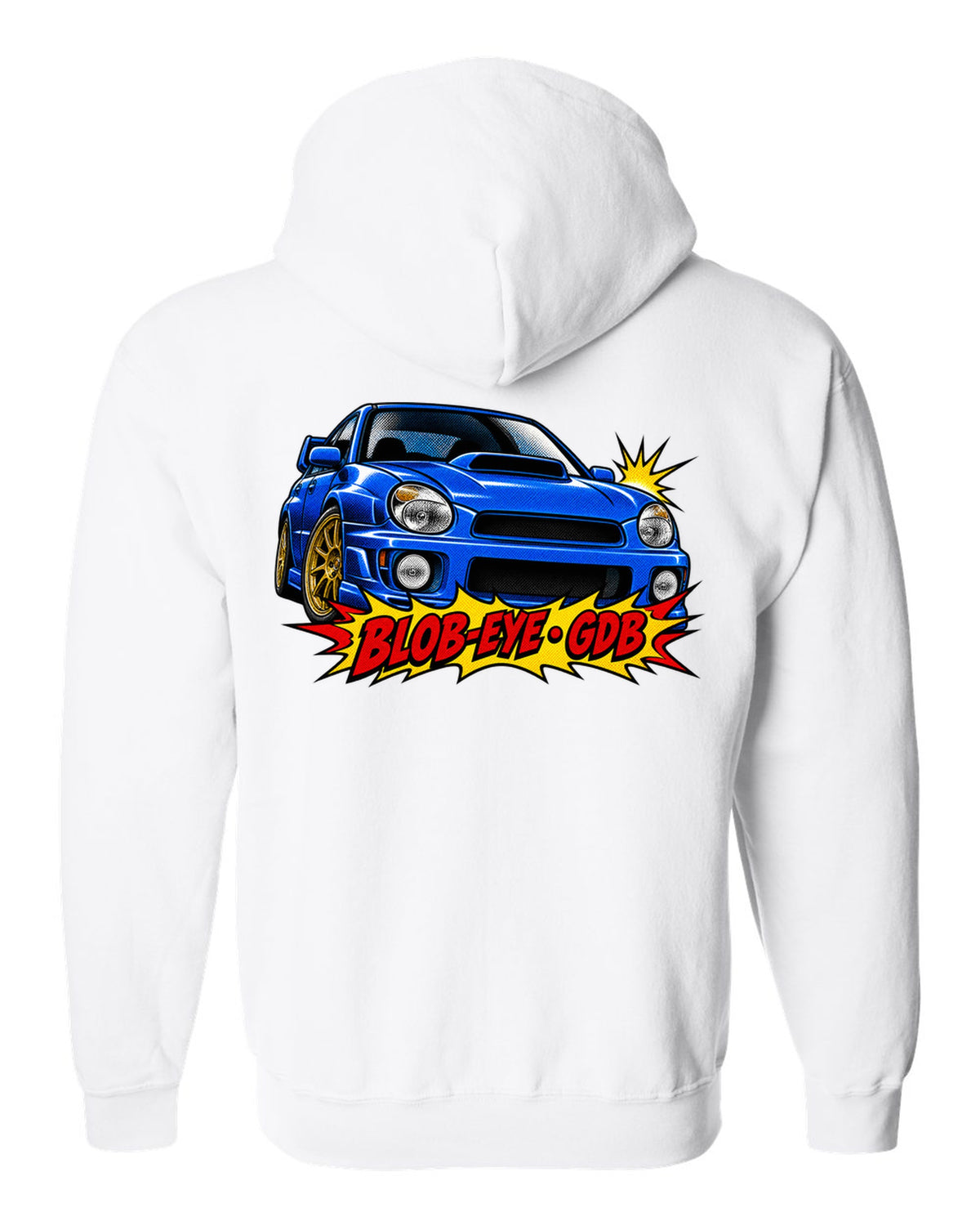 Halftone pop-art print of a Subaru Impreza WRX STI GDB with blob-eye GDB lettering white zip hoodie back view with the design