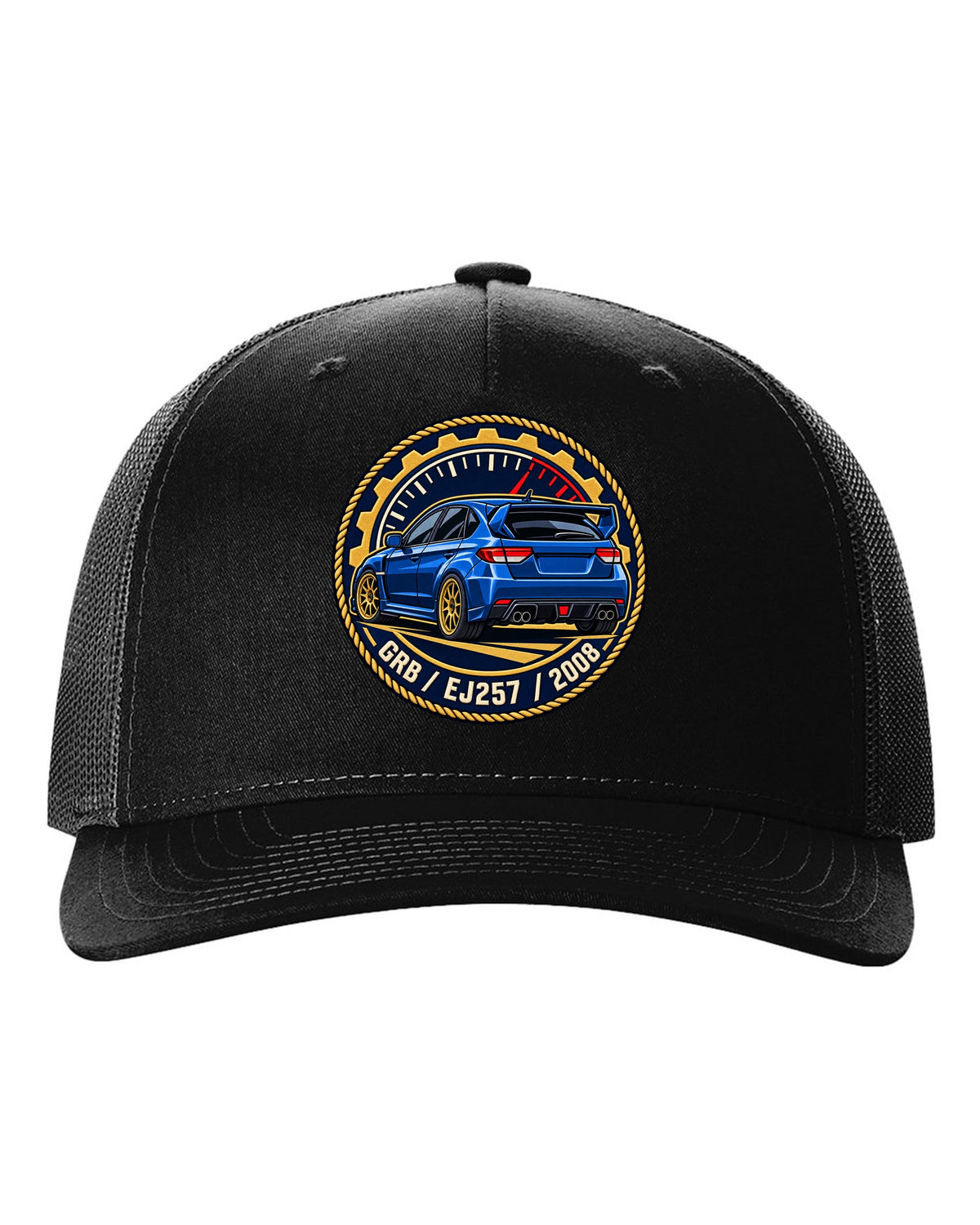 Subaru Impreza WRX STI GRB chback varsity crest print, GRB / EJ257 / 2008 black hat front view with the design