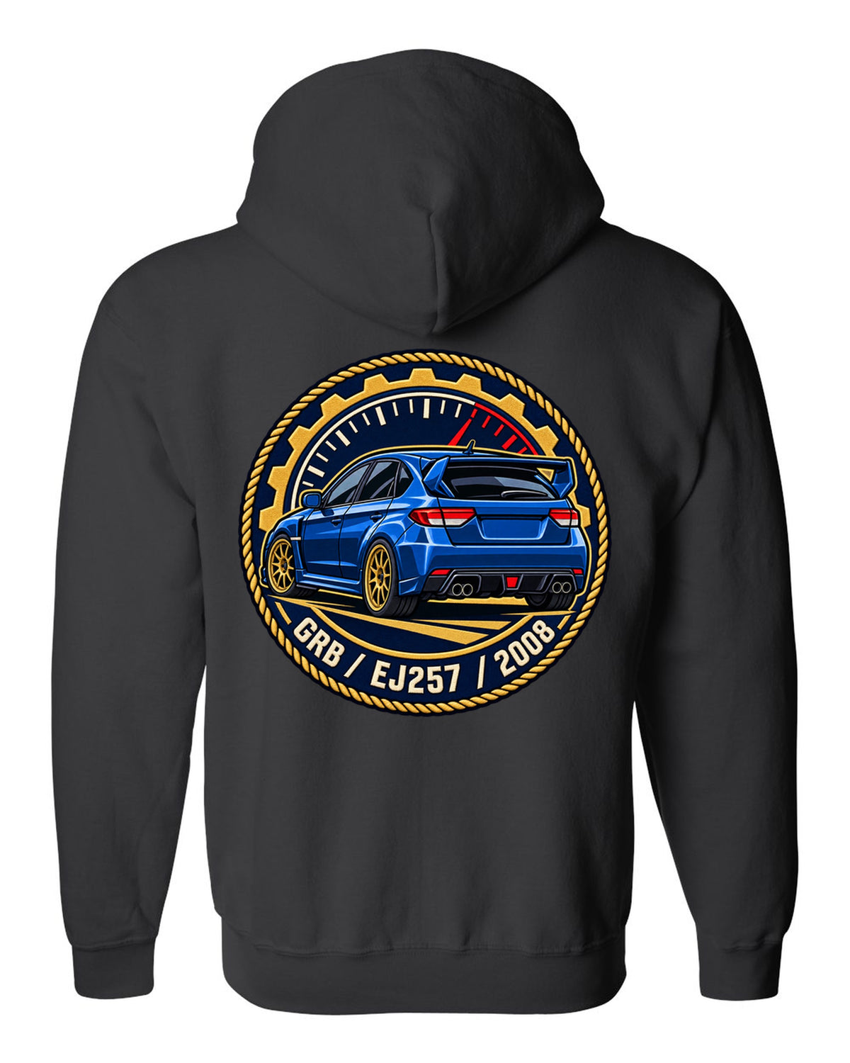 Subaru Impreza WRX STI GRB chback varsity crest print, GRB / EJ257 / 2008 black zip hoodie back view with the design