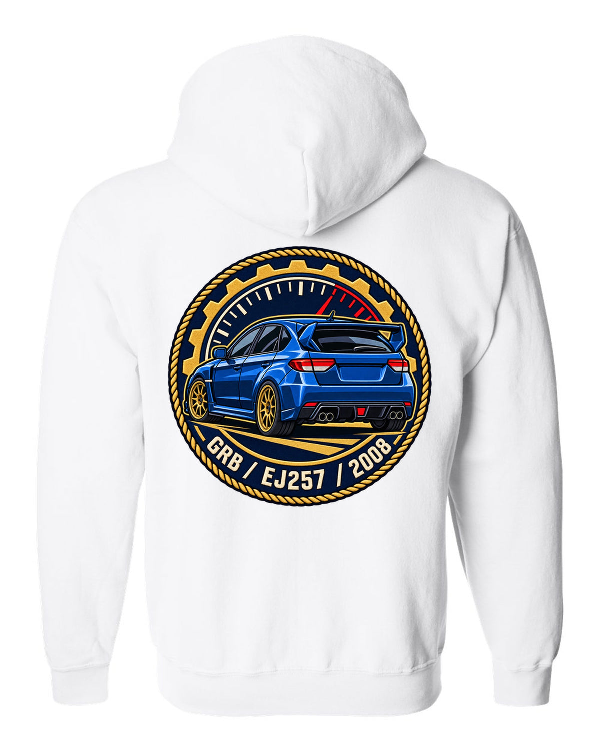 Subaru Impreza WRX STI GRB chback varsity crest print, GRB / EJ257 / 2008 white zip hoodie back view with the design